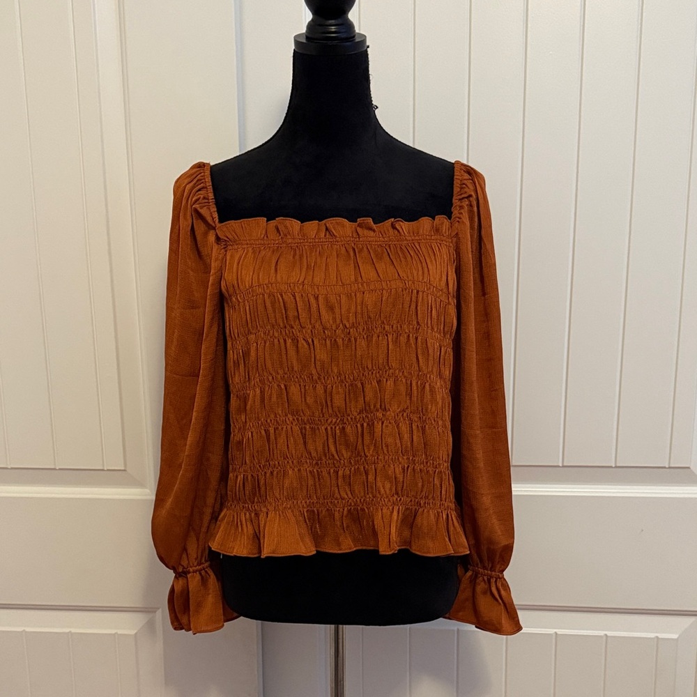 a new day Ruffled Smocked Blouse in Warm Brown